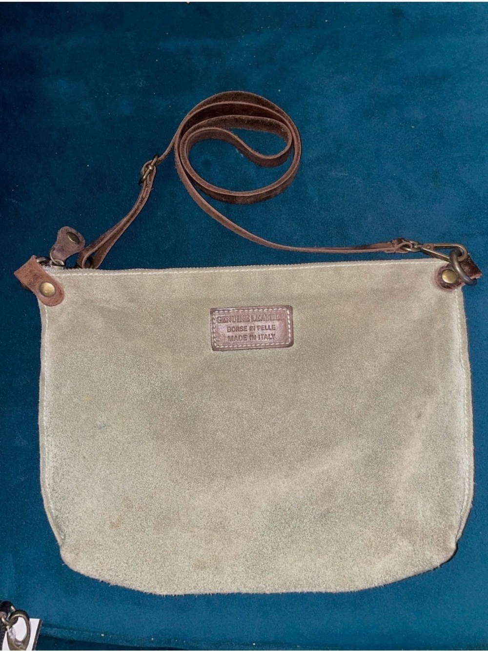 Genuine Leather Suede Crossbody Bag in Taupe with Brown Trim